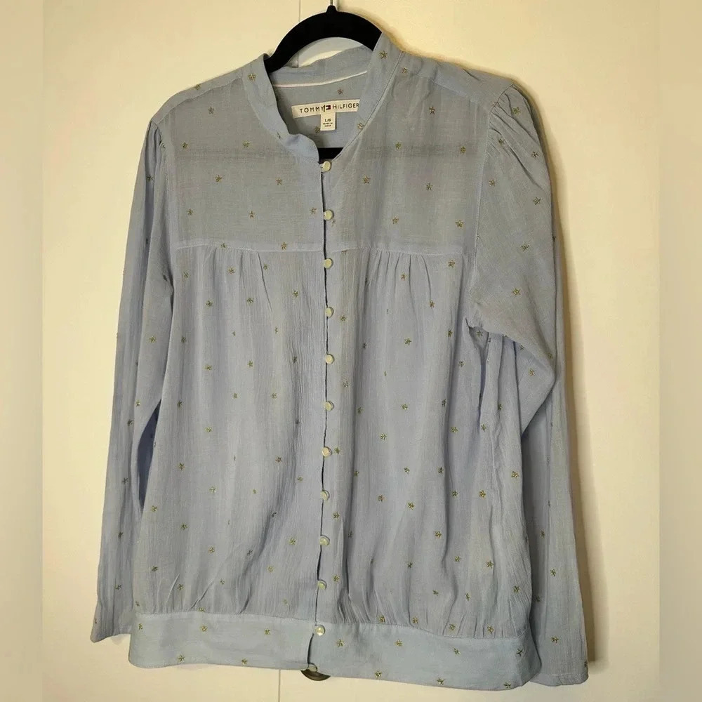 Tommy Hilfiger Embroidered Gold Star Blue Cotton Long-sleeve Shirt Size L